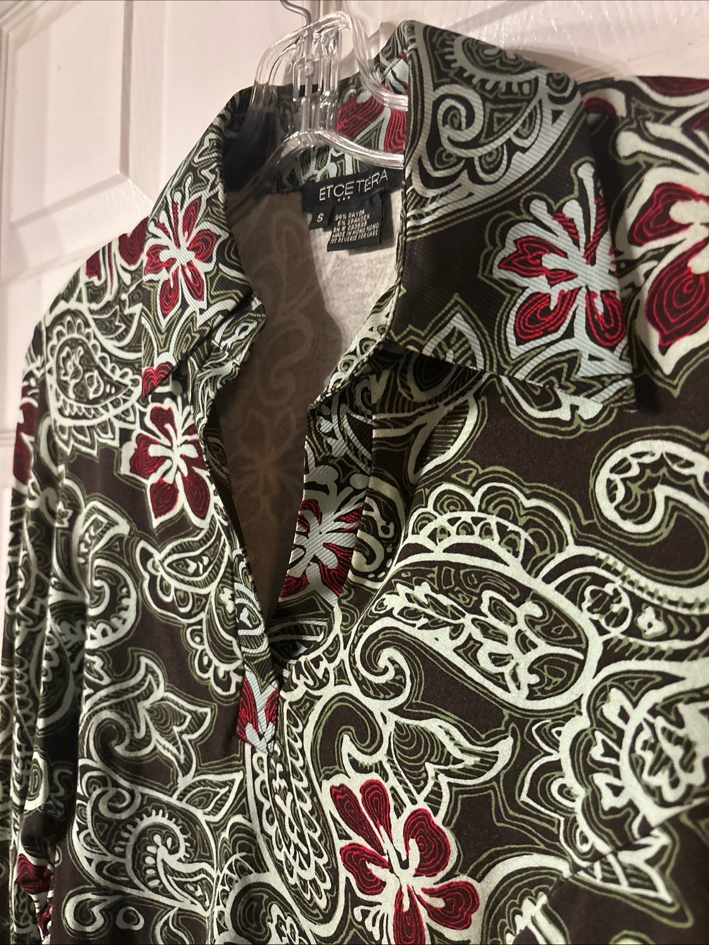 Etcetera Brown Button-Up Shirt with Cream and Red Paisley Floral Print